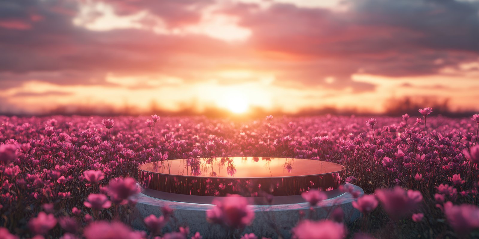 Enchanting sunset over a vibrant flower field with reflective platform amidst blossoms